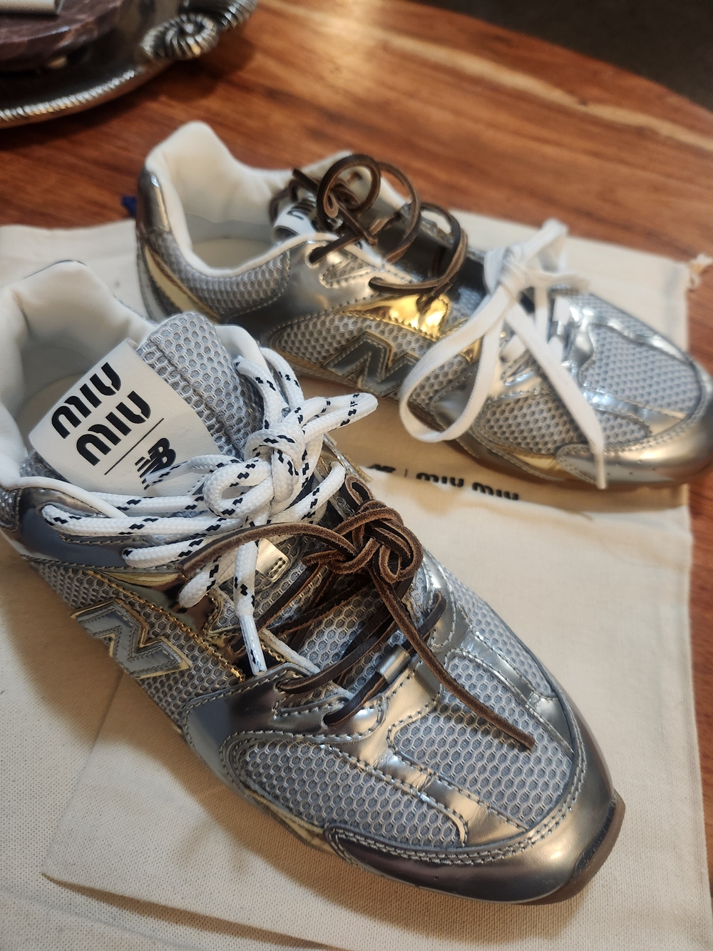 Miu Miu/ New Balance Collab Metallic Silver And Gold Womens Sneakers